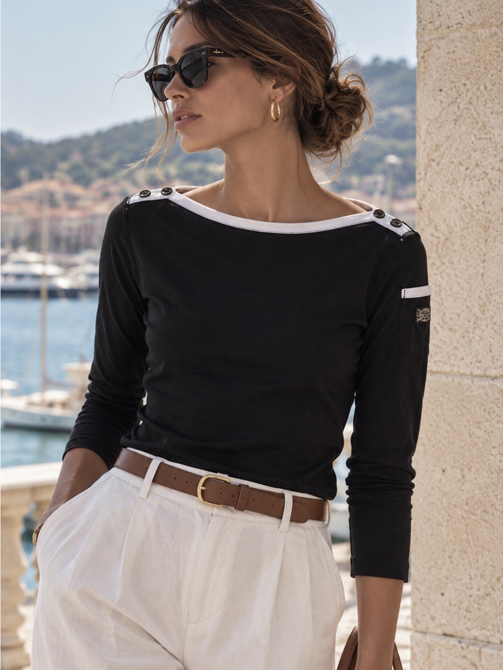 Ralph Lauren Black Long-Sleeve Boatneck Top with White Trim and Shoulder Buttons